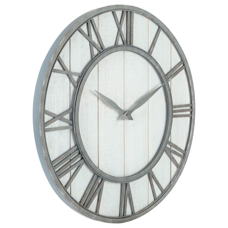 Oldtown Clocks Oldtown Farmhouse Metal & Solid Wood Noiseless Wall Clock (Whitewash, 24-inch) - Image 3